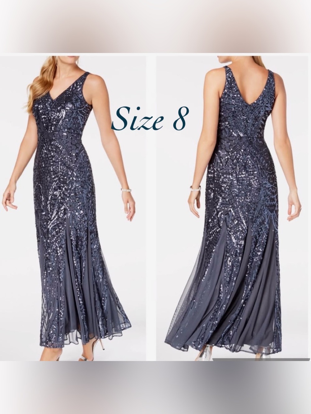 NWOT NightWay Gunmetal Long Formal Sequins Dress- size 8